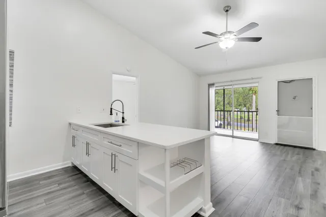 a view of a sink and a large mirror with wooden floor
