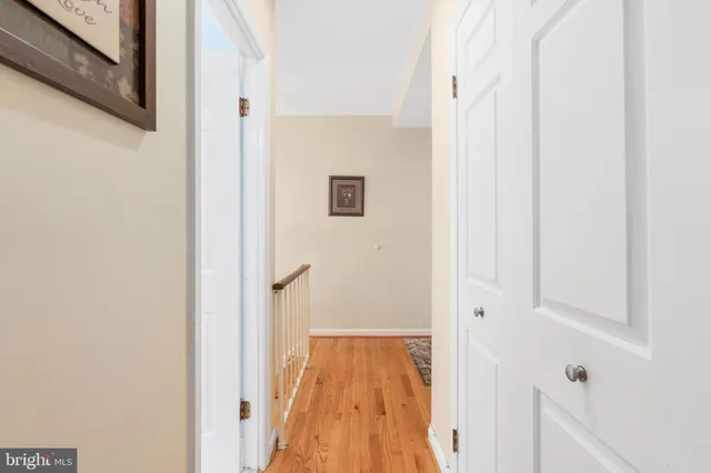 a view of a hallway with wooden floor and closet