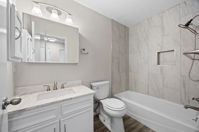 a bathroom with a sink a toilet and a bathtub