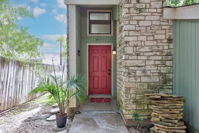 a potted plant in front of a door
