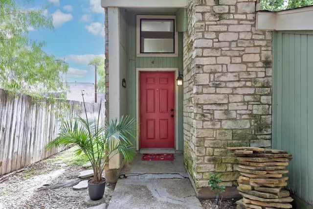 a potted plant in front of a door