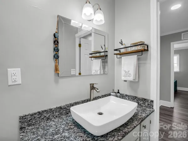 a bathroom with a sink a mirror and a shower