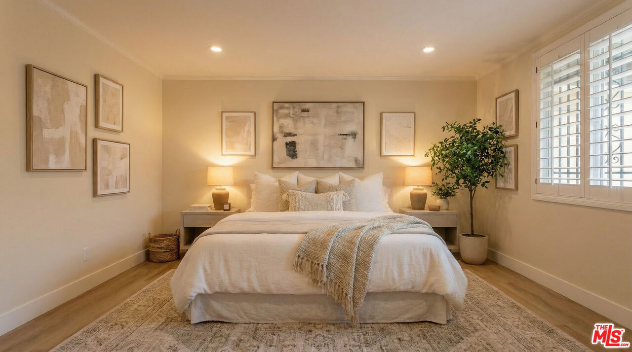 2385 Roscomare Road, Unit D17 Los Angeles, CA 90077 - Photo 8 of 18 a bedroom with a bed and a potted plant