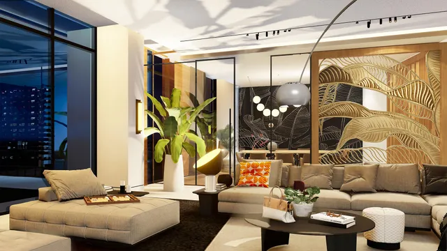 a living room with furniture and lamp