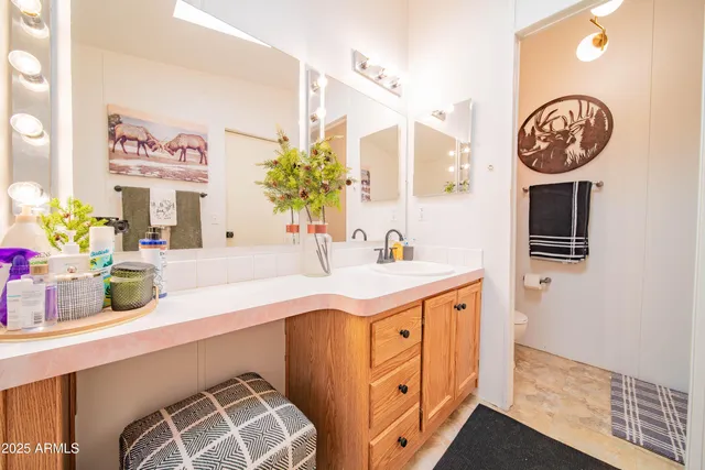 a bathroom with a sink a vanity and a mirror