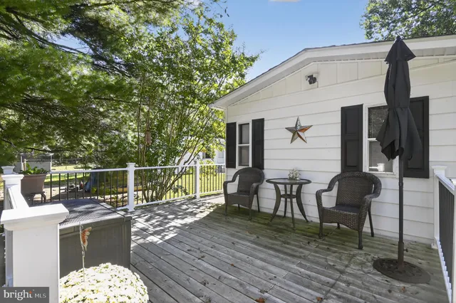 a view of a chairs and table on the wooden deck