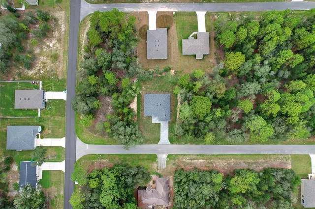 an aerial view of residential houses with outdoor space and trees