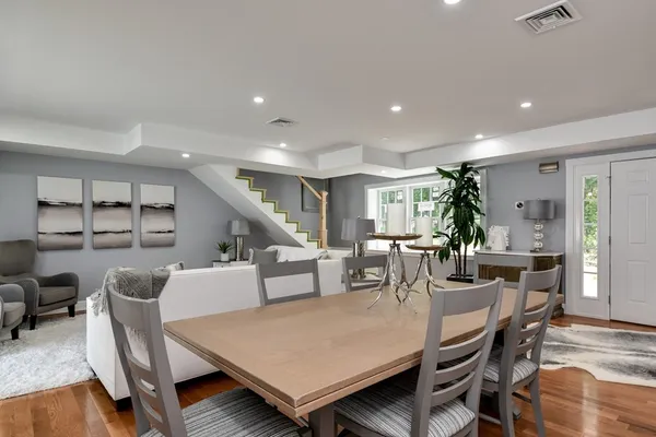 a view of a dining room with furniture