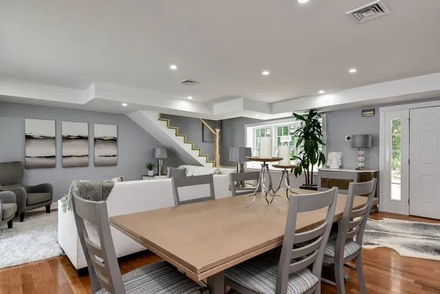 a view of a dining room with furniture