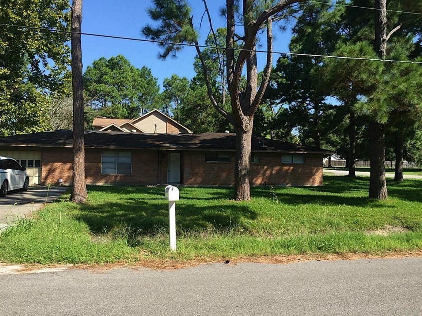 a front view of house with a garden and trees