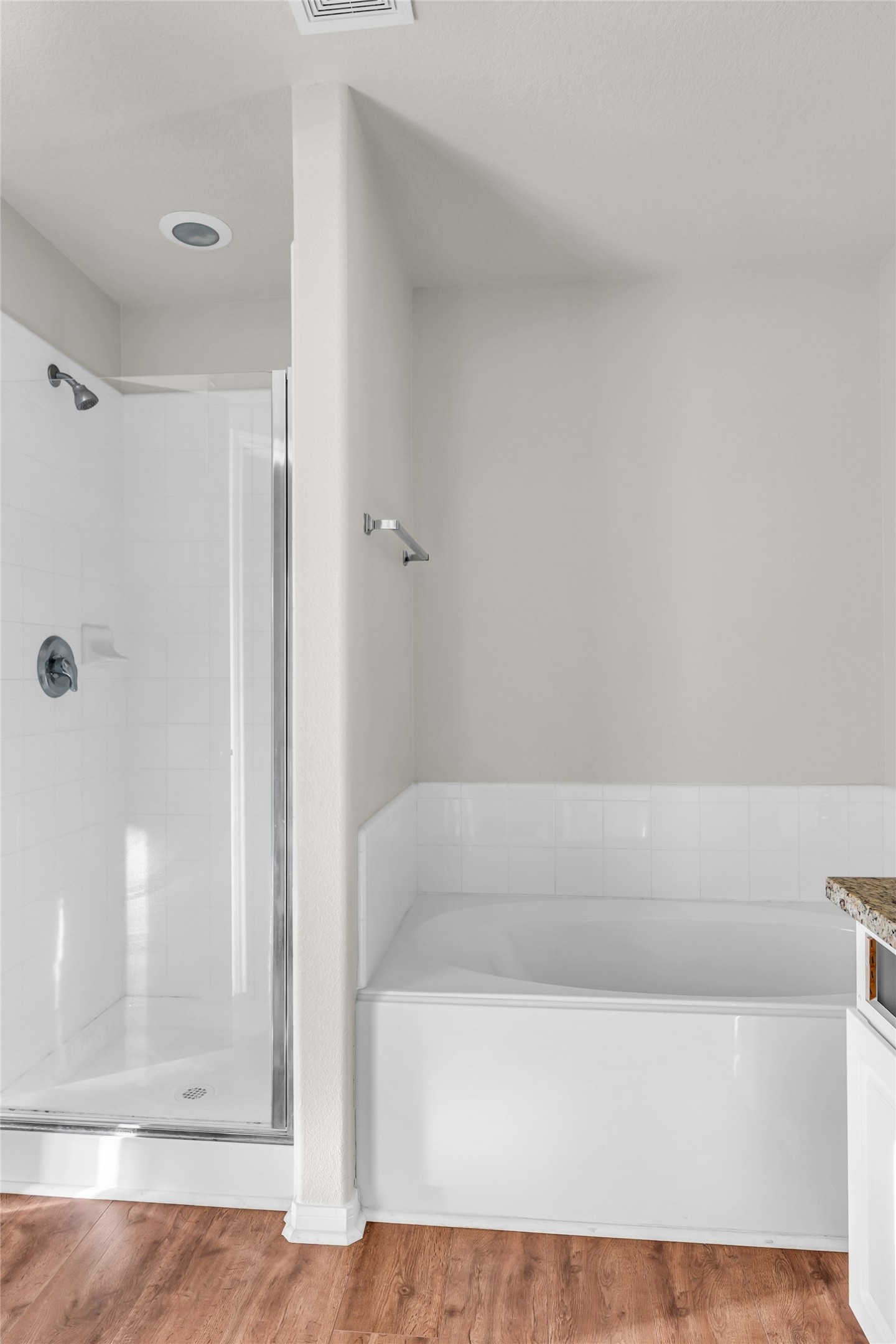 5018 Mabry Stream Court Katy, TX 77449 - Photo 19 of 31 Modern bathroom featuring a spacious walk-in shower and separate bathtub, complemented by wood-style flooring and neutral wall tones.