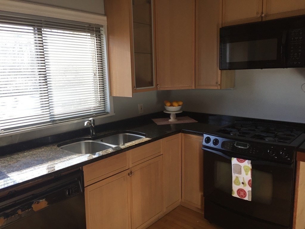 9 Reservoir Road, Unit 1 Brookline, MA 02467 - Photo 7 of 16 a kitchen with granite countertop a sink stove and microwave