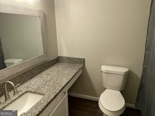 a bathroom with a granite countertop toilet and sink
