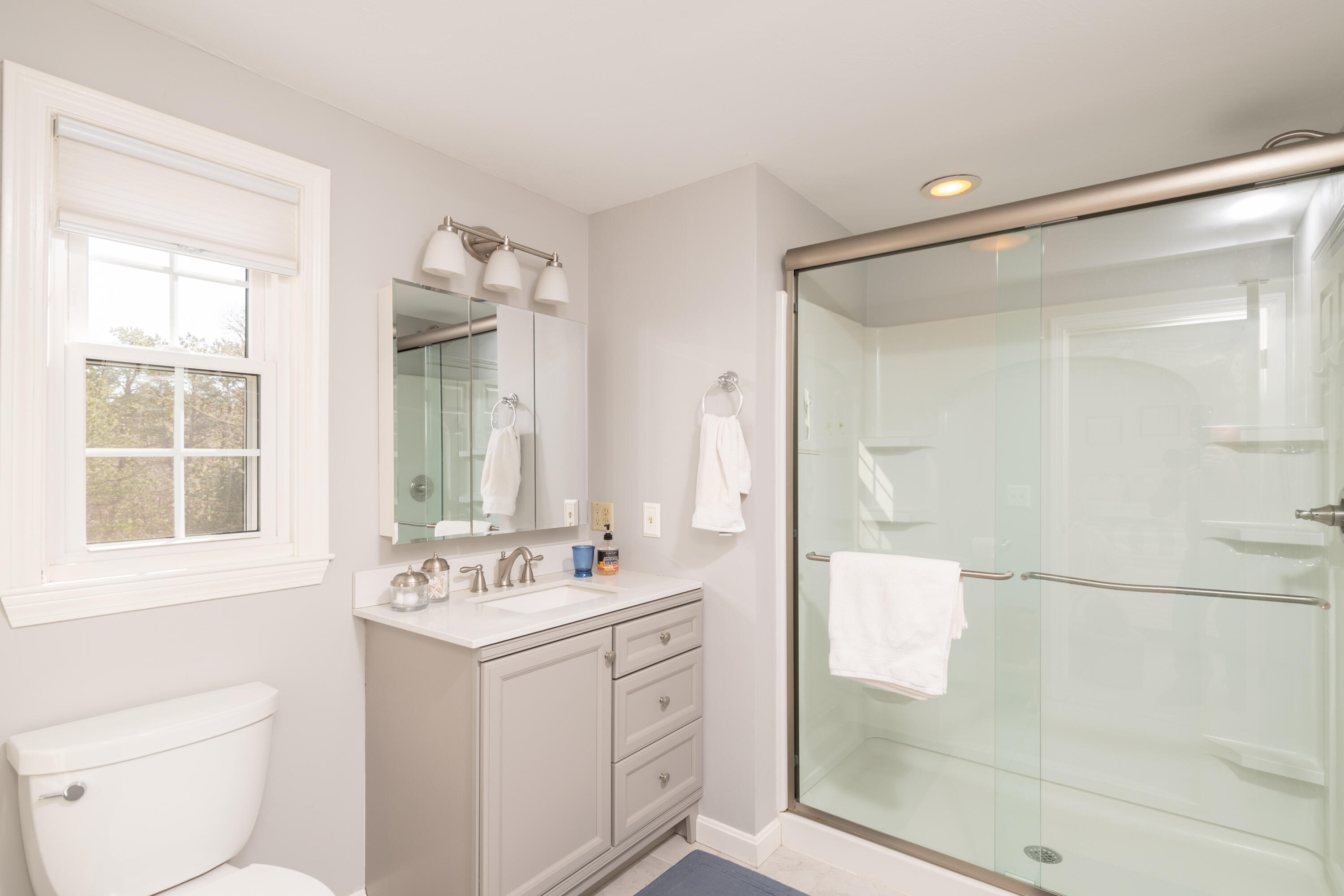 19 Carleton Drive Mashpee, MA 02649 - Photo 26 of 45 a bathroom with a shower sink and mirror with toilet