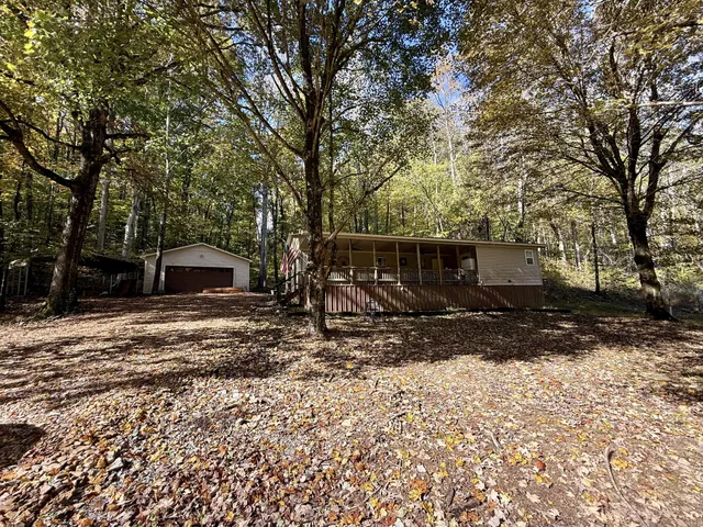 a view of a backyard with table and chairs and a large tree