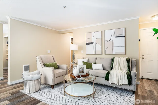 a living room with furniture and a rug