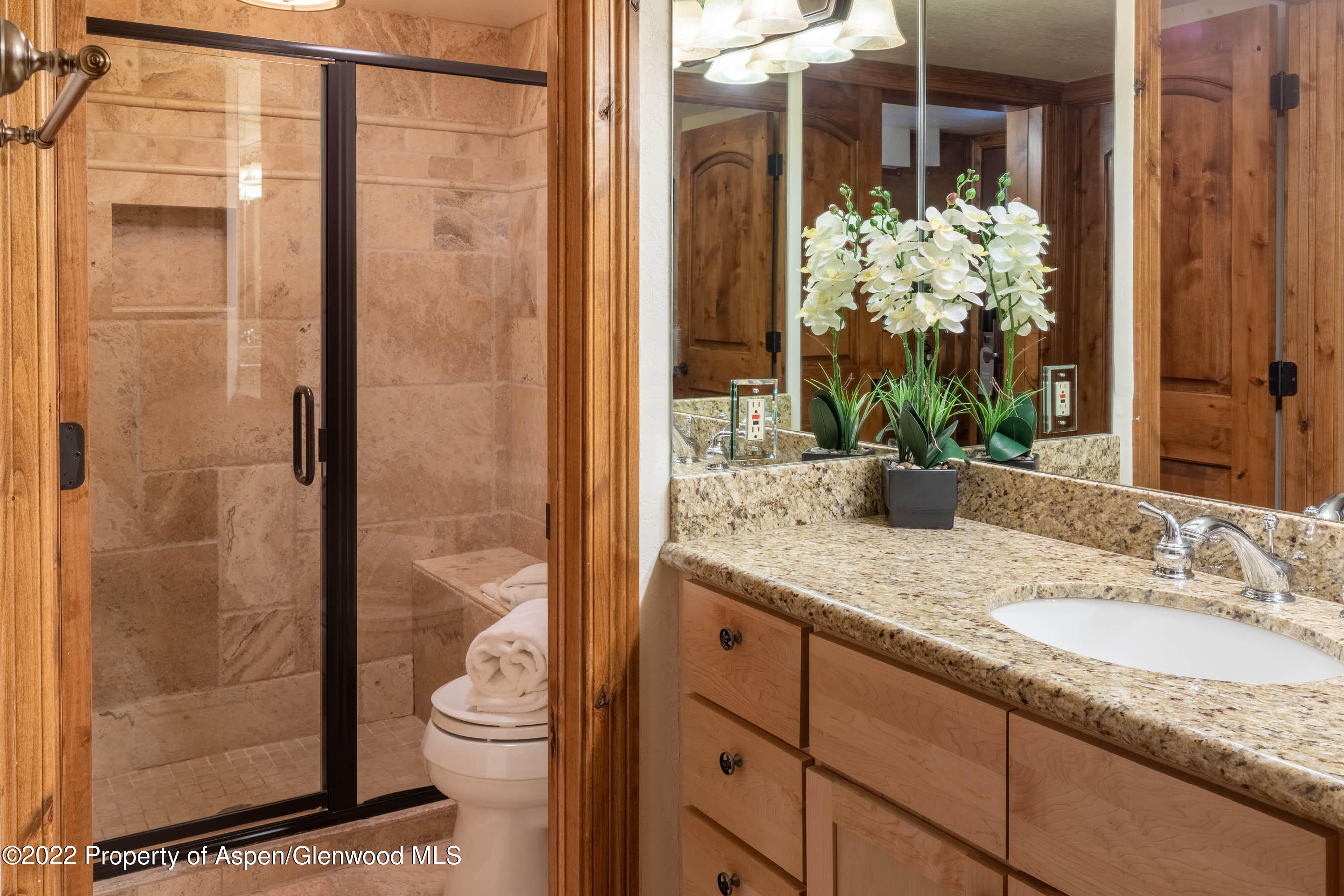 400 Wood Road, Unit 2310 Snowmass Village, CO 81615 - Photo 8 of 18 a bathroom with a granite countertop sink a toilet and shower