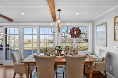 a view of a dining room with furniture wooden floor and a chandelier