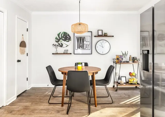 a view of a dining room with furniture