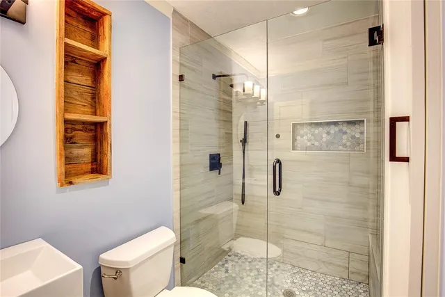 a bathroom with a shower and toilet