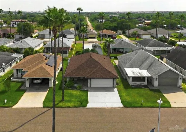 a aerial view of a house with a yard and potted plants