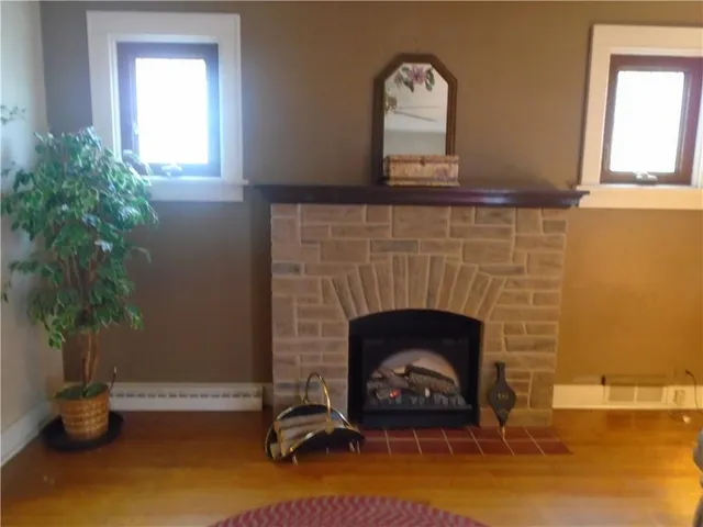 a living room with a fireplace and potted plant