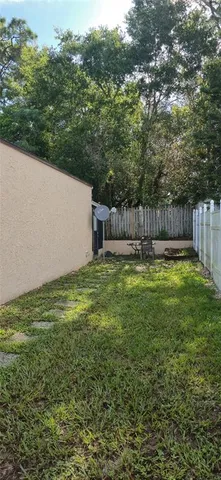 a garden view with a seating space