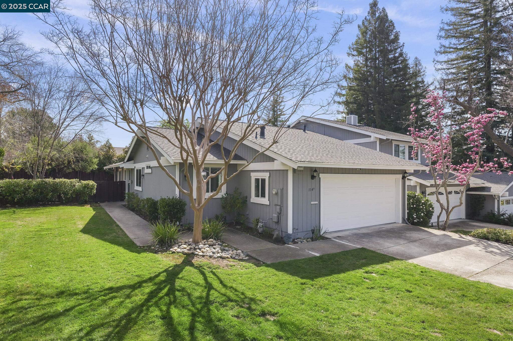 a view of a yard with a house and garden