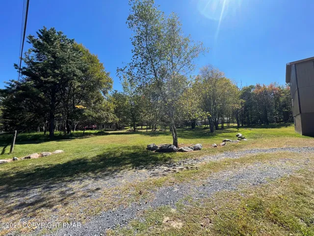 a view of a yard with a swimming pool