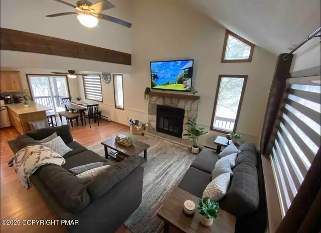 a living room with furniture and a fireplace