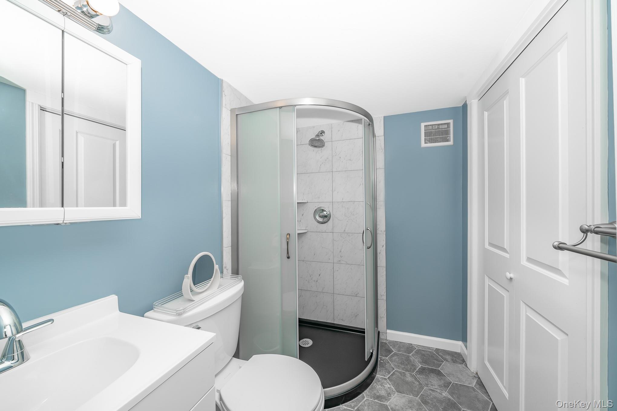 18 Byron Road Commack, NY 11725 - Photo 26 of 32 Bathroom featuring a curved glass shower enclosure with tiled walls, a white vanity with integrated sink, and hexagon tile flooring