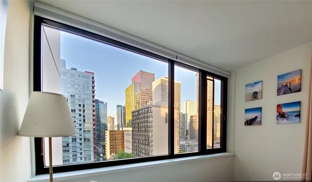 a view of a balcony and painting on the wall