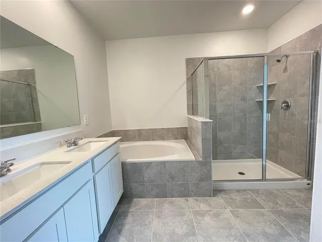 a bathroom with a bathtub shower sink and mirror