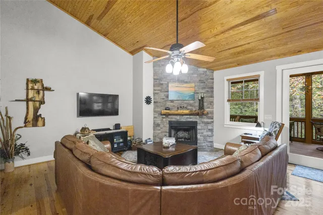 a living room with fireplace furniture and a flat screen tv