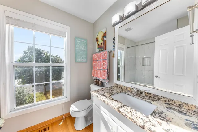 a bathroom with a granite countertop sink a toilet and shower