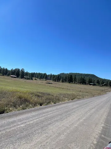 a view of field with trees in background