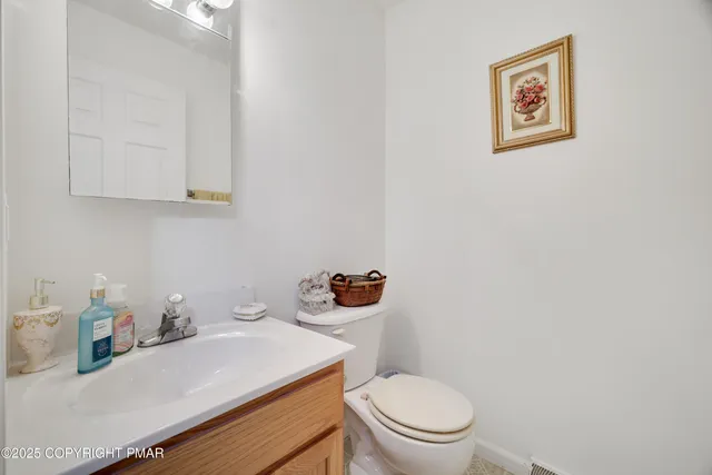 a bathroom with a sink mirror vanity and toilet