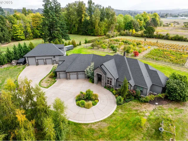 an aerial view of a house with a swimming pool