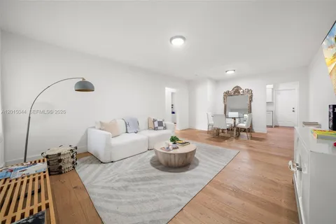 a living room with furniture a rug and a potted plant