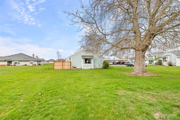 a view of house with yard and tree in the background