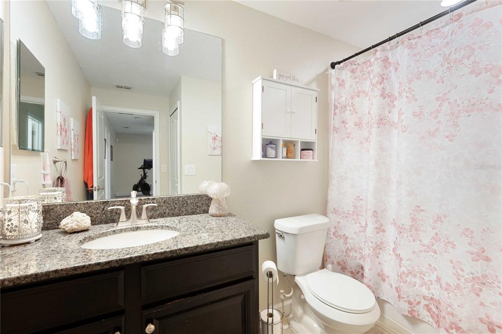 17365 Old Tobacco Road Lutz, FL 33558 - Photo 35 of 44 a bathroom with a granite countertop sink a toilet and a mirror