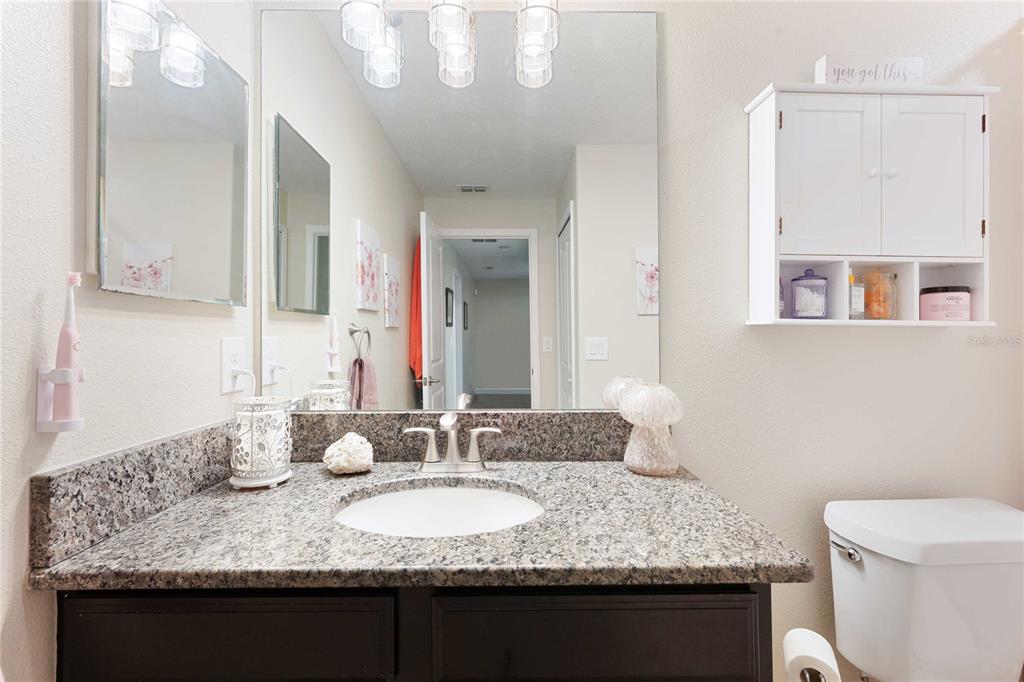 17365 Old Tobacco Road Lutz, FL 33558 - Photo 36 of 44 a bathroom with a granite countertop sink a toilet and a mirror