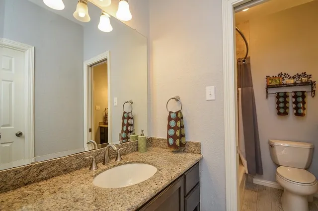a bathroom with a granite countertop sink a toilet and a mirror