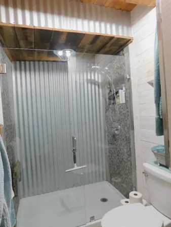 a bathroom with a shower and a toilet