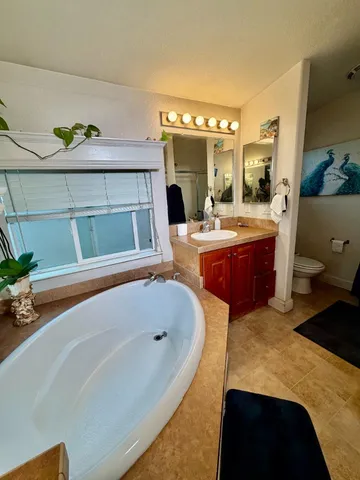 a bathroom with a tub sink and mirror