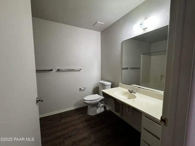 a bathroom with a sink a toilet and mirror