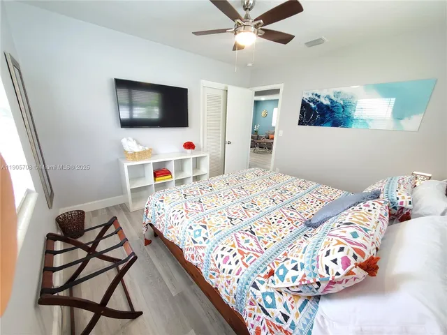 a bedroom with a bed and a flat screen tv