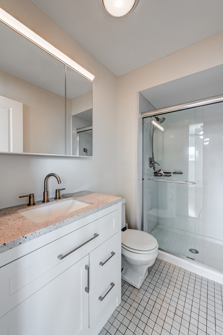 1651 West Goldengate Drive Addison, IL 60101 - Photo 16 of 24 a bathroom with a granite countertop sink a toilet and a shower