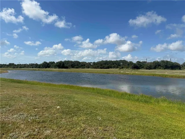 a view of a lake with houses in the background