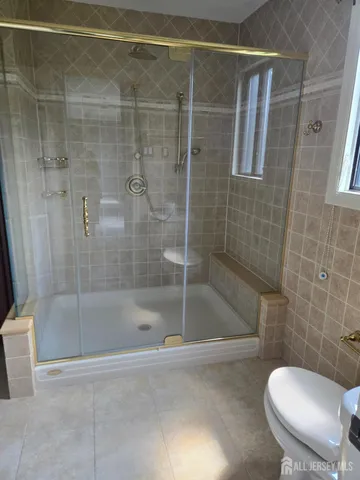 a bathroom with a shower and toilet